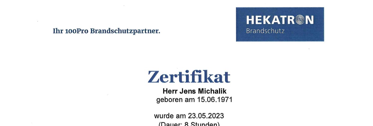 Zertifikat: Fachkraft nach DIN EN 14637 und DIN 14677, Hekatron